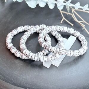 Set of 3 Skull Bracelets | White Bead | Stretch |‎ Gothic | Spooky Witchy
